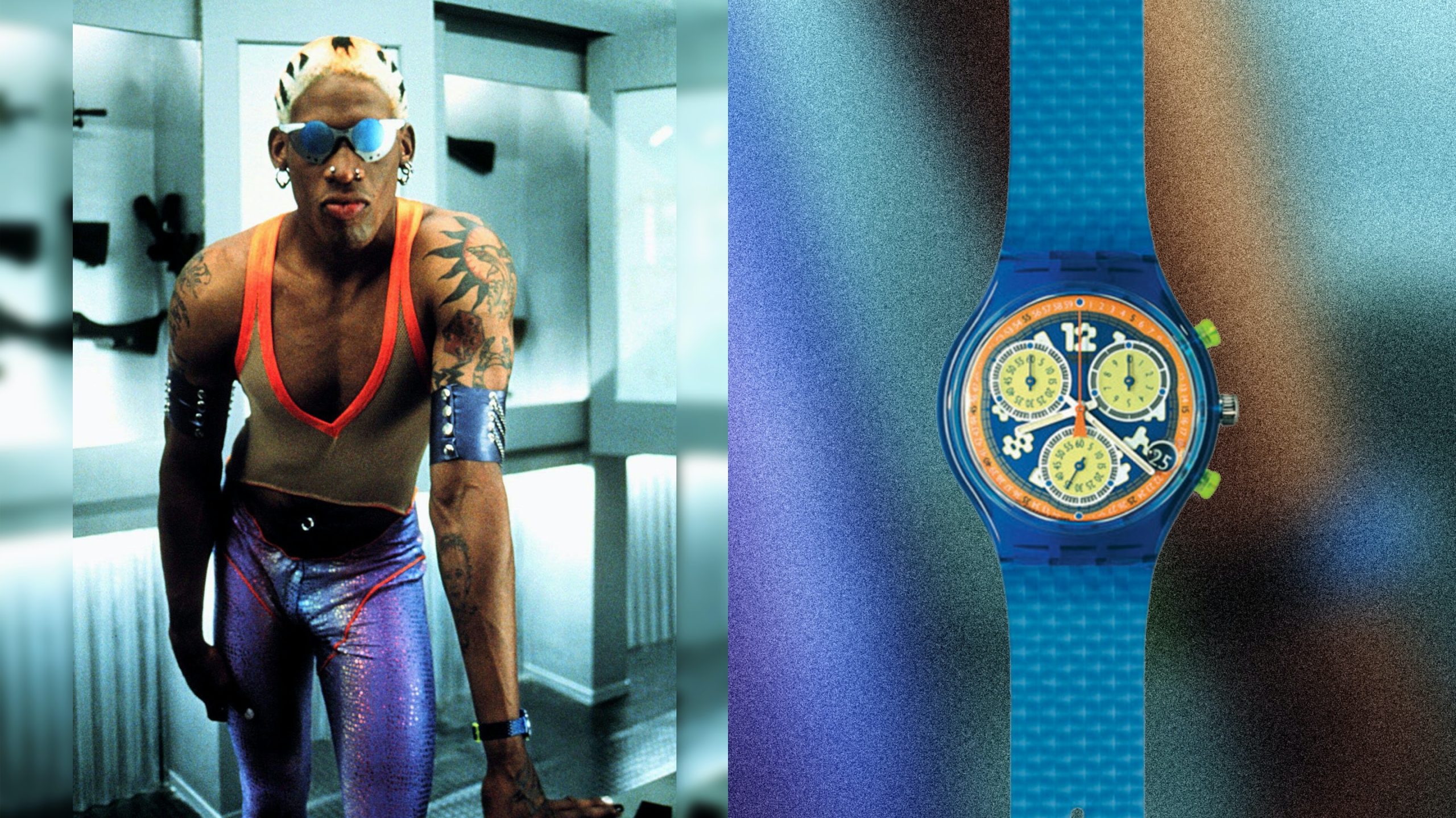 觀看發(fā)現(xiàn)丹尼斯羅德曼在“雙人隊(duì)”（1997）中佩戴斯沃琪計(jì)時(shí)碼表