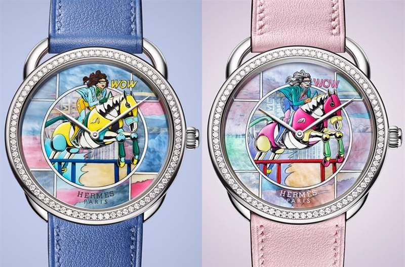 愛馬仕Arceau限量表于珍珠母貝面盤微繪畫上漫畫風格絲巾圖案