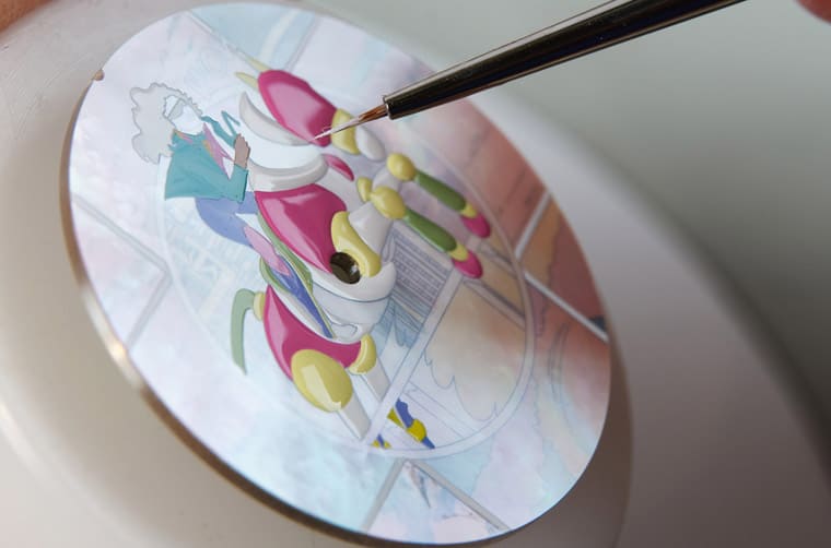 愛馬仕Arceau限量表于珍珠母貝面盤微繪畫上漫畫風格絲巾圖案